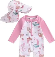 [LYSINK] Toddler Baby Girl Swimsuit Set One Piece Long Sleeve Zip Up Rash Guard Swimwear Sun Protection with Hat 2Pcs Bathing Suit