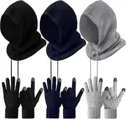[Jeere] 3 Set Knit Hood Scarf Neck Warmer Winter Balaclava Touch Screen Gloves Hood Scarf with Drawstrings Wool Blend Hat Neck Warmer, Beanie Cap Texting Gloves for Women Cold Weather, Black, Light