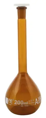 Eisco 200ml Amber Volumetric Flask with 14/23 Polypropylene Stopper, Class A