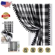 Elegant 84" Buffalo Check Curtains - Black and White Semi-Sheer Pom Pom Panels