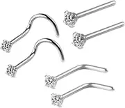 [Mealoodiousmusea] 6Pcs Corkscrew Nose Rings Stainless Steel Nose Studs for Men Women Birthdays Argent, Silver, 0.8x7x2cm