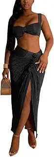 [XAOUMTB] Women's 2024 Sexy 2 Piece Outfits Dress Set Solid Color Camisole Bra Crop Top Club Party Night High Split Maxi Skirt(Black,Medium)