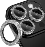[2 Pack] for iPhone 16 Pro/iPhone 16 Pro Max Camera Lens Protector Bling, [Glitter Decoration] Ultra-HD Tempered Glass Cover, Metal Lens Screen Protective Ring Accessories,Black Titanium