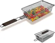 [Yukon Glory] Premium Grilling Basket, Designed Grill Vegetables, Seafood, Poultry and Meats, Unique Locking Mechanism to Easily Flip Food, Foldable Handle for Compact Storage