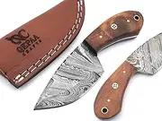 6" Long Hand Forged Damascus Steel Full Tang Blade Custom Made Survival Hunting Knife, Wood handle with Leather Sheath