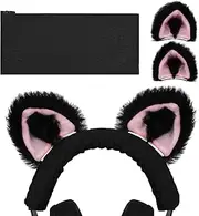 Geekria NOVA Knit Fabric Headband Cover and Cat Ears Attachment Set Compatible with Razer, SteelSeries, HyperX, Sennheiser, Astro, Sony, Logitech, ATH Headphones (Black/Pink)