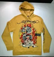 NWT Ed Hardy Retro Fire Tiger Tattoo Golden Yellow Hoodie Sweatshirt Mens Medium