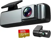 Elinz Dual Lens No Screen 1080P Dash Cam 720P Rear Camera WiFi App Control Supercapacitor Compact Discreet Car DVR, G-Sensor, Support 128GB Max, Loop Recording, 128GB SD Card Included