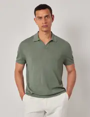 Hawes & Curtis Dark Sage Open Collar Linen Polo Shirt | Short Sleeve Size: Small