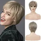 Short Pixie Cut Straight Ash Brown Wig With Bangs for White Women Blonde Wigs