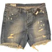 NWT Man x One Teaspoon Men's Cropped Shorts Blue Buoy Mr Black Distressed 34R