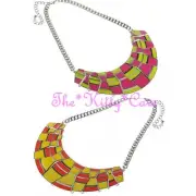 Retro Big Colour Pop Block Geometric Shapes Half Moon Enamel Bib Choker Necklace