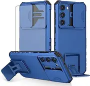 [Asuwish] Phone Case for Samsung Galaxy S23 5G with Tempered Glass Screen Protector and Slide Camera Cover Kickstand Slim Protective Cell Accessories S 23 23S GS23 G5 SM-S911U 6.1 inch Women Men Blue