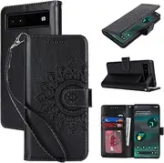 for Google Pixel 6A Case Wallet with Cards Holder,Coque for Google Pixel6A Flower Strap Case,Leather Case Women Flip Cover Bag portefeuille Pour Femmes for Google Pixel 6A Black