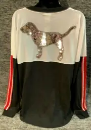Victoria's Secret Pink Bling Dog Rhinestone Varsity Tee Shirt Mesh Gray Red M