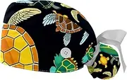 [CWAGFEQZ] 2-Pc Bouffant Turban Hats,Tie Back Hat with Buttons,Fishing Hat,Geometry Colorful Sea Turtle