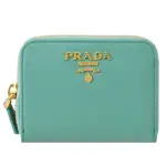 【PRADA 普拉達】簡約LOGO防刮皮革信用卡拉鍊零錢包簡易短夾(湖水綠)