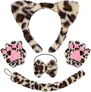 4Pcs Cat Costume Accessories Set, Funny Cosplay Set Including Furry Cat Ears Headband Nose Tail Bow Tie, Dress Up Animal Costume for Kids Adults World Book Day Halloween Carnival Party