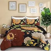 Floral Quilt Set California King Size Black Boho Bedspread Coverlet Set, 3 Piece Botanical Quilt Soft Microfiber Farmhouse Floral Bohemian Bedding Set with 2 Pillowcases for All Season, 112''x96''