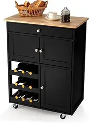 Giantex Kitchen Island Trolley, Rolling Cart with Ample Tabletop, 3 Doors Mobility Storage Cabinet w/Large Drawer & Wine Racks, Portable Workbench, Bar Serving Cart for Dining Room, (Black)