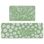 Live Life Laugh Green Kitchen Rugs Set of 2, Spring Summer Bloom Daisy Flower
