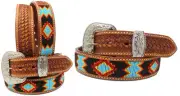 Men's Women Unisex Handmade Beaded Basket Weave Tooled Leather Belt 26RT01