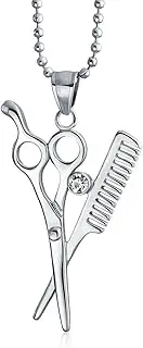 [Bling Jewelry] Unisex Fashion Whimsical Scissors Comb Pendant Necklace: Crystal Accent for Women Men Hairdresser Hair Stylist Silver-Tone Stainless Steel with Bead Chain