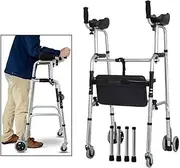 Lightweight Standard Walker With Wheels Folding Standard Walker With Wheels And Detachable Armrest Pad Height Adjustable Platform Walker Seat And Arm Rest Pad For Elderly Handicap Disabled