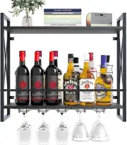 Dokser Wine Rack Wall Mounted 2 Tier Shelf, Wine Rack with Industrial Rustic Bla