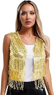 [Sinleey] Women's Shiny Sequin Fringe Vest Top Sleeveless Open Front Cropped Waistcoat Cardigan