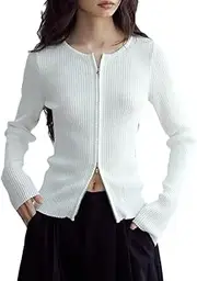 [Generic] Women's Wool Knitted Cardigan O-Neck Two Ways Zipper Tops Cardigan Sweaters for Women