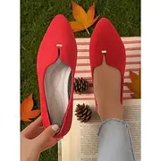 Women's Red Pointed Toe Faux Suede Flats – Comfy Picnic Shoes for Fall Afternoons, Lawn Reading and Outdoor Coffee Dates