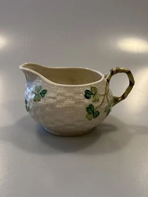 VINTAGE NIB BELLEEK CREAMER BASKET WEAVE W/SHAMROCKS BROWN BACKSTAMP