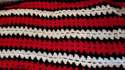 Unfinished Sofa Throw Blanket Afghan Hand Crocheted Strips Black Red White