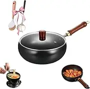 Japanese Forged Iron Pan, Uncoated Iron Pan, Japanese Hand-Forged Non-Stick IronPan Without, Coating with Lid, for Cooker Gas Stir Fry Pans, with Spatula (28cm+Glass Cover)