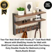 Two-Tier Wall Shelf with Hooks 17" Coat Rack Shelf with 5 Double Hooks Rustic Br