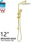 Round 12'' Shower Head Handheld Twin Set Sliding Rail Mixer / Taps Brushed Gold