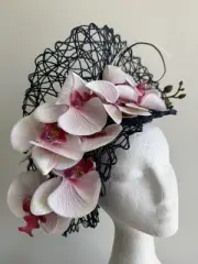 Navy basketweave fascinator with Pink flower and Quill on a headband!