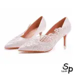 【SP HOUSE】法式公主蕾絲花朵尖頭細高跟鞋(白色)