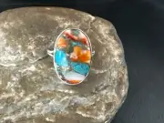 Blue Turquoise Orange Spiny Oyster Navajo Sterling Silver Ring Size 10 18207N