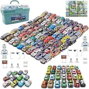 Mostop 100 Pieces Pull Back City Cars and Trucks Toy Die Cast Vehicle Set Model Car, Friction Powered Mini Car Pack Toy Set with Storage Organizer Box and Map, Great Birthday Gift
