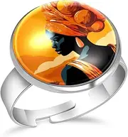 [FVQL] Stainless Steel Ring for Girls, African Woman Painting, 0.67inch/1.7cm, Glass, glass