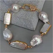 LAnGSHAW Natural Nucleated Flameball Baroque Pearl Cultured White Rectangle Pearl Wrap Bracelet Lobster Clasp