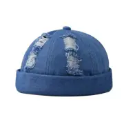Men Skullcap Ripped Hole Destroyed Denim Hat Beanie Hip Hop Rolled Cuff Brimless