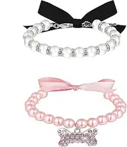 Dog Pearl Necklace - Small Dog Cat Diamond Jewelry Set, Cute Fashion Collar for Dogs Puppy Kitten Wedding Birthday Party (M)