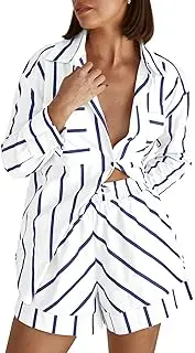 [Tankaneo] Womens Striped 2 Piece Outfits Button Down Shirts and Shorts Lounge Matching Sets