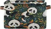 Cute Cartoon Pandas Leaves Blue Green Organizer Cloth Bins, Decorative Storage Box with Handle for Home