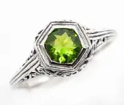 1CT Natural Peridot 925 Solid Sterling Silver Victorian Style Ring Sz 9