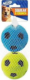 Nerf Dog Soccer Ball Dog Toy with Interactive Crunch, Lightweight, Durable and Water Resistant, 3 Inches, for Small/Medium/Large Breeds, Two Pack, Blue and Green