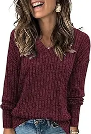 [Famulily] Pullover for Women V-Neck Long Sleeve Shirt Lightweight Knitted Jumper Top with Side Slits